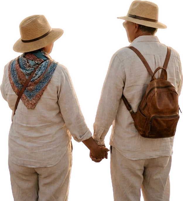 Pareja de pensionados mirando el mar desde la cubierta