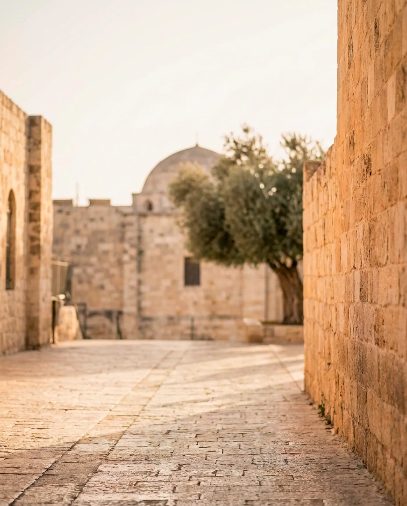 Calle de piedra en Jerusalén con una cúpula al fondo