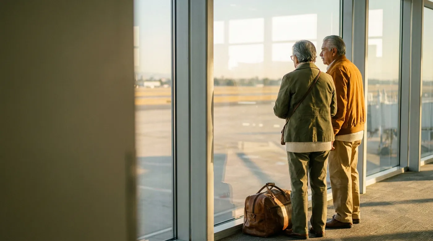 Pareja de pensionados mirando la pista desde la sala de espera de un aeropuerto